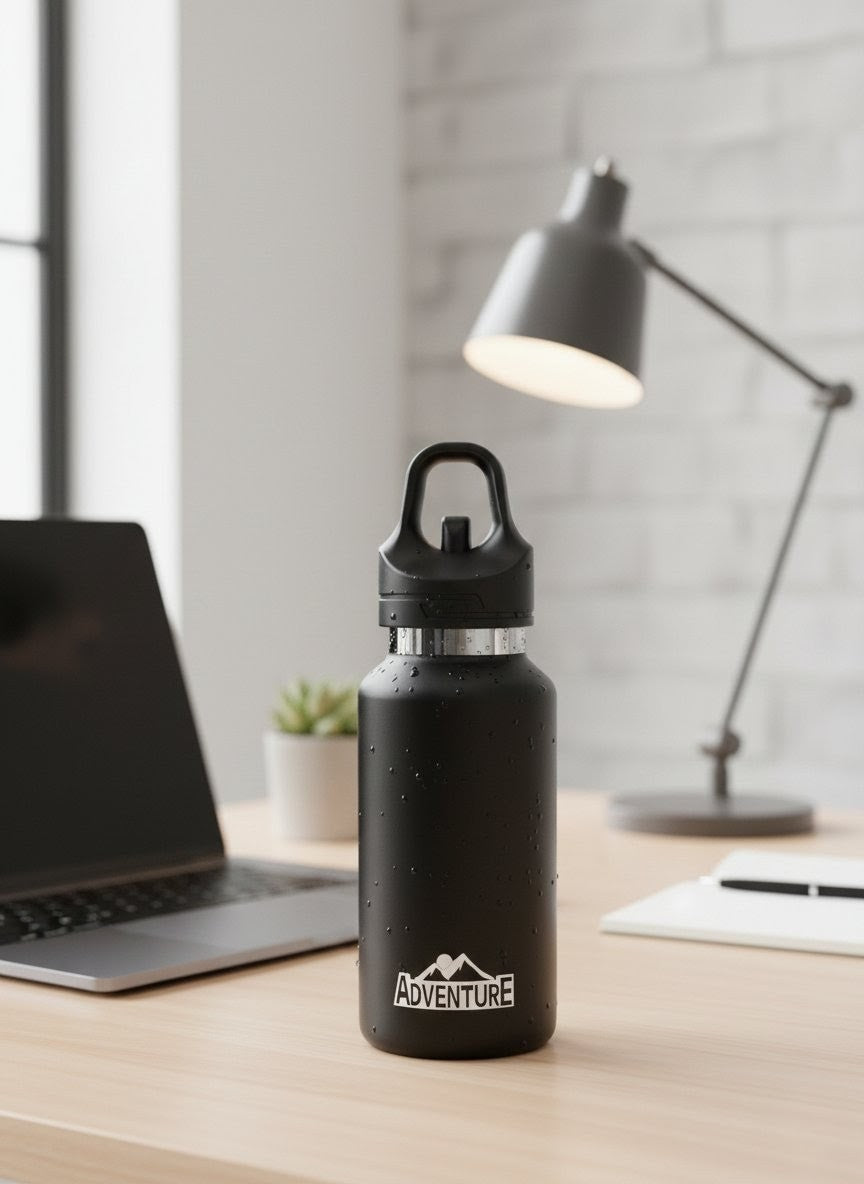 Vacuum Insulated Water Bottle with Rapid-Action Push Button Spout – Leak-Proof & High Durability - Black