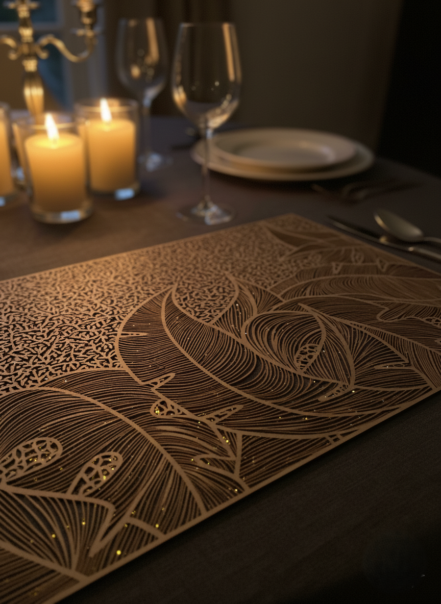 Luxury Golden Feather Table Mat – Elegant Heat-Resistant Placemat