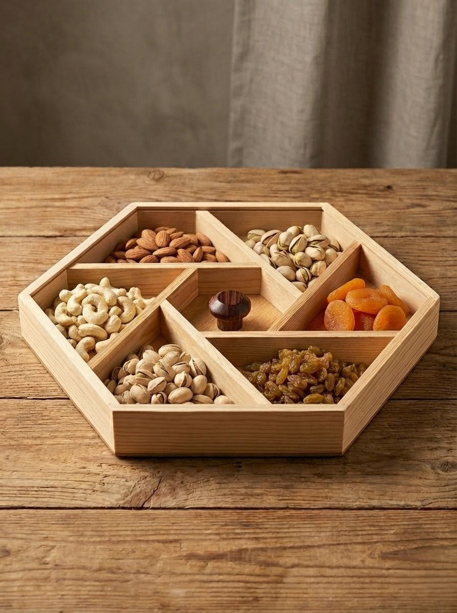 Wooden Serving Tray Artisan Hexagonal | 6-Section Dry Fruit & Snack Organizer